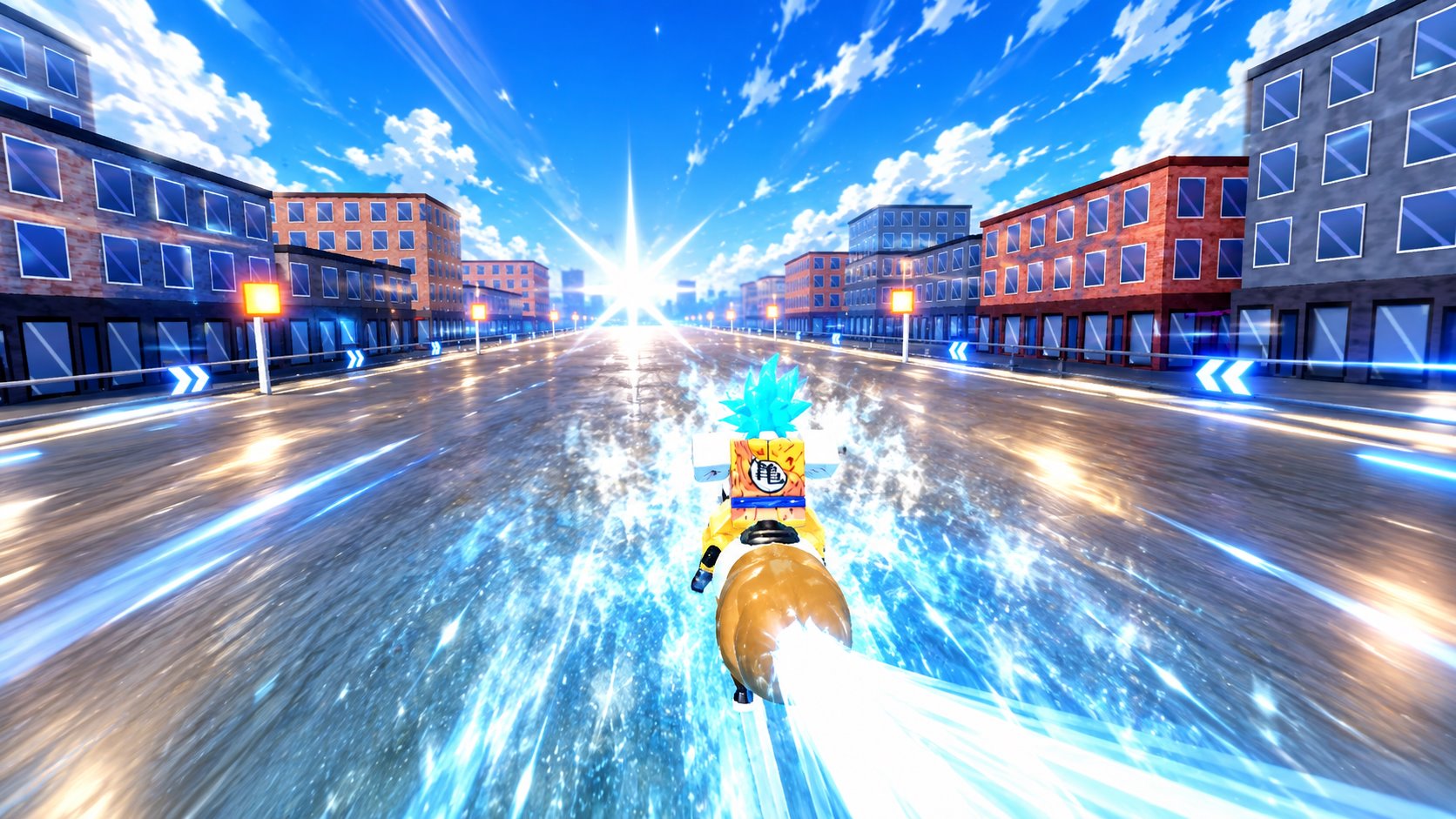 A Super Saiyan rider racing down the street